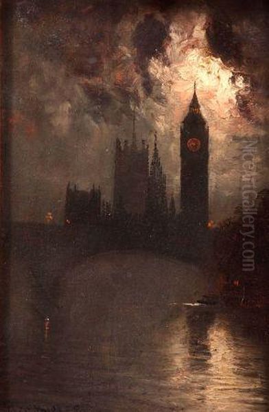 Moonlit Thames View With Big Ben Oil Painting by George Hyde Pownall