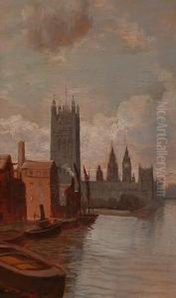 Houses Of Parliament From The Thames. Oil Painting by George Hyde Pownall