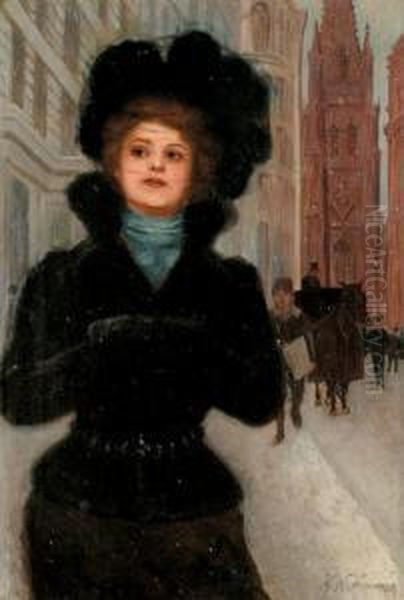 Elegant Lady In Winter, New York Oil Painting by Herman Hyneman