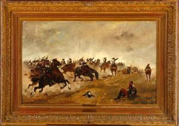 A Battle Scenery. Signed Oil Painting by Georges-Louis Hyon