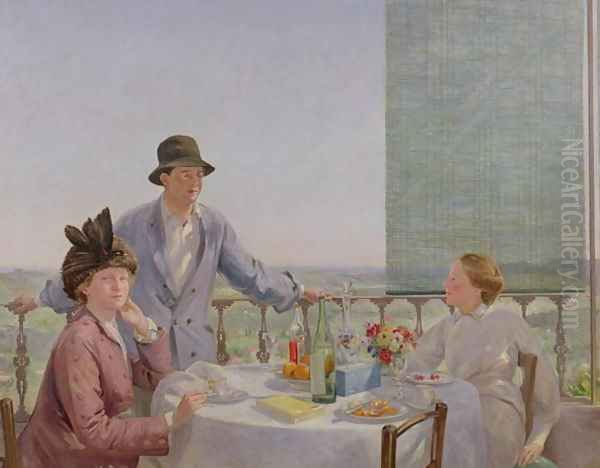 Portrait group with Albert Rutherston (1881-1953) (After Lunch) 1910 Oil Painting by Gerard Chowne