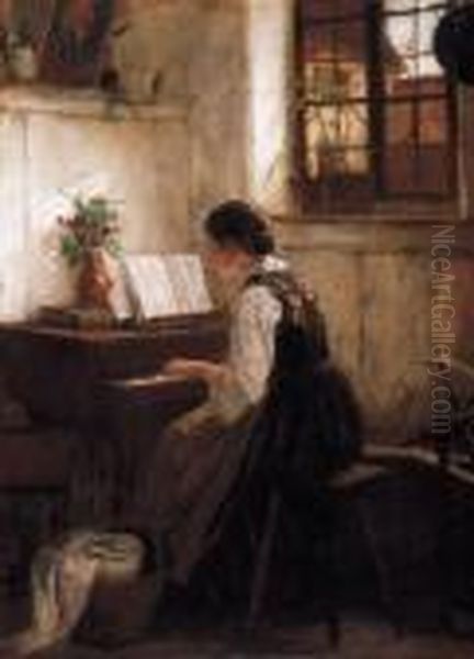 Girl Playing By The Piano Oil Painting by Gustav Igler