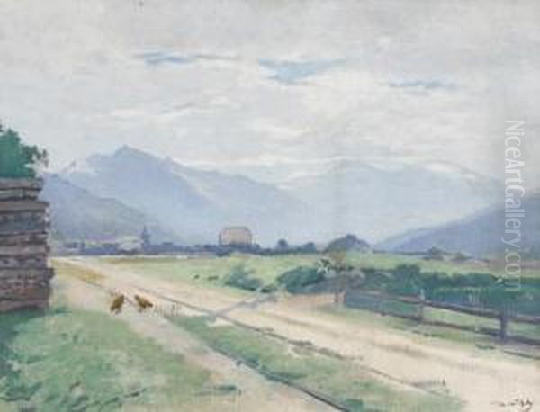 Landliche Wegpartie Mit Huhnern Und Gebirgsansicht. Oil Painting by Jean Daniel Ihly