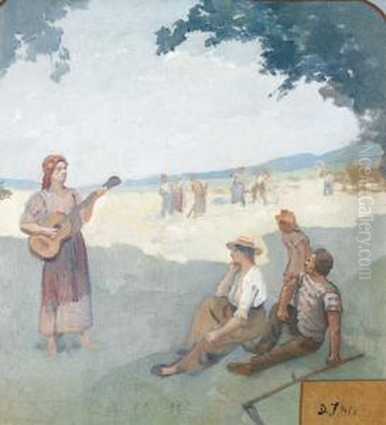 Bauern Auf Dem Feld Mit Musizierender Zigeunerin. Oil Painting by Jean Daniel Ihly