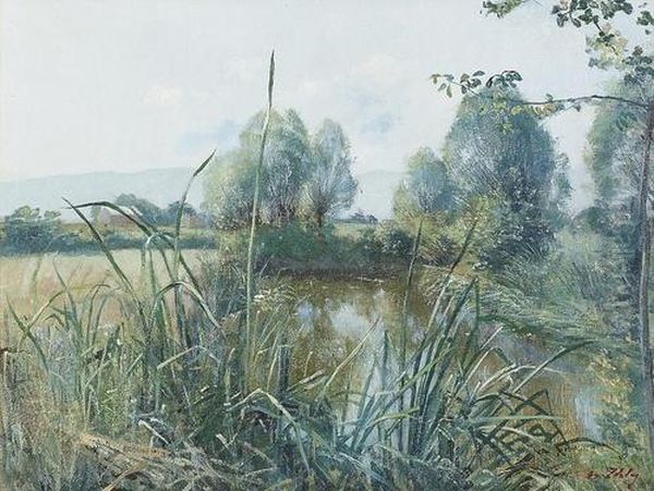 Idyllische Landschaft Mit Teich. Oil Painting by Jean Daniel Ihly