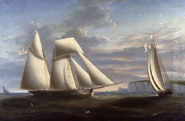 A topsail schooner and a schooner of the Royal Yacht Squadron off the coast of Dorset Oil Painting by Nicholas Condy