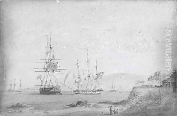 A British frigate getting under way off a Chilean fortress, a British two-decker and a French frigate anchored nearby Oil Painting by Nicholas Condy