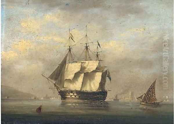 A British two-decker arriving at Lisbon and preparing to anchor with the Belem Tower off her stern Oil Painting by Nicholas Condy