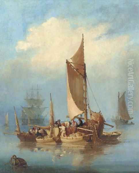 Fishermen gossiping as they work, with a large three-decker beyond Oil Painting by Nicholas Condy