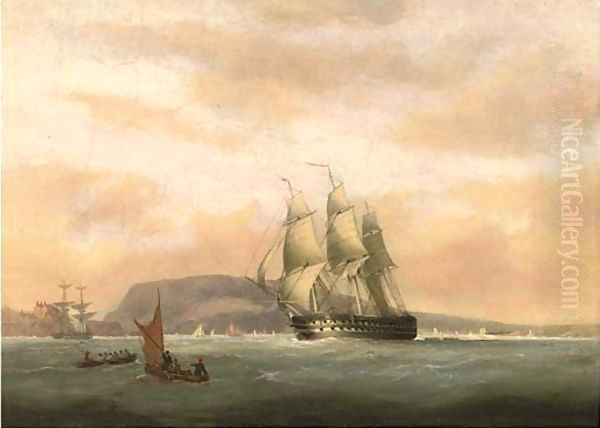 A 74-gun heeling in the breeze in Plymouth Sound Oil Painting by Nicholas Condy