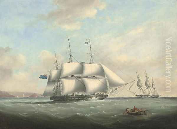 H.M.S. Pique emerging from Plymouth Sound and exchanging signals with an in-bound frigate off her port bow Oil Painting by Nicholas Condy