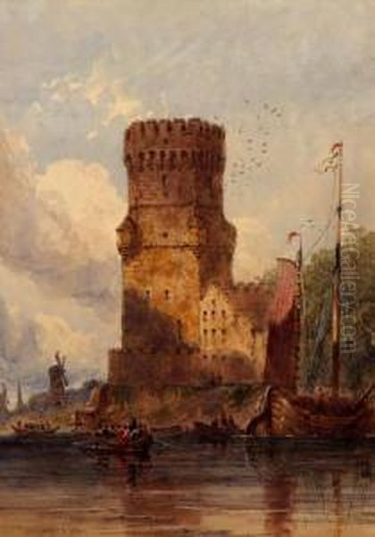 A Fortified Tower By Water's Edge With Soldiers Arriving In Rowing Boats Oil Painting by Joseph Murray Ince