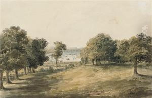 A Wooded Landscape Leading Down To A River, With Boats Sailing Andat Anchor Oil Painting by Joseph Murray Ince