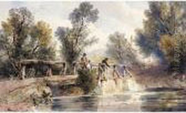 Figures Fishing For Trout From A Bridge Oil Painting by Joseph Murray Ince