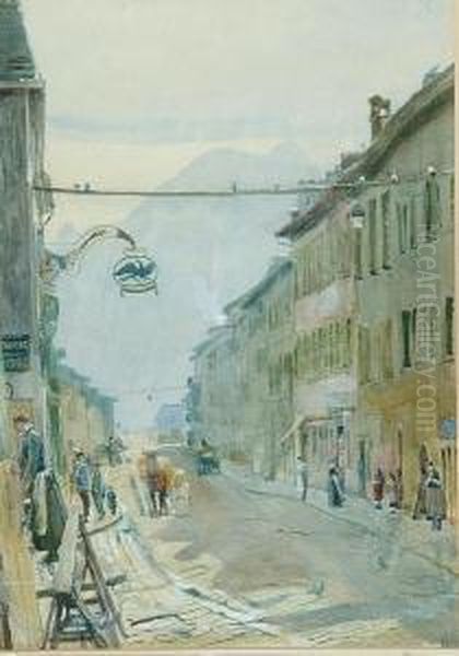 A Continental Street Scene With Figures, Probably Switzerland Or Northern Italy Oil Painting by John William Inchbold