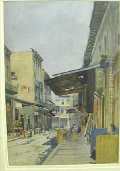 An Oriental Streetmarket, Watercolour, Signed, 34cm X 24cm Oil Painting by Stanley Inchbold