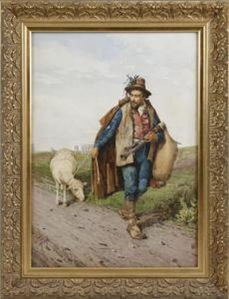 Bagpiper W/sheep Oil Painting by Filippo Indoni