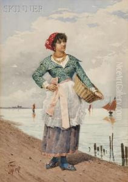 Young Fisherwoman With Basket Oil Painting by Filippo Indoni