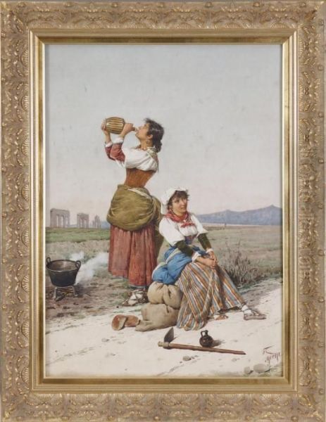 Two Peasant Girls Oil Painting by Filippo Indoni