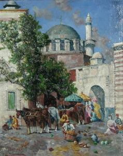 Mosque And Bazaar Oil Painting by Filippo Indoni