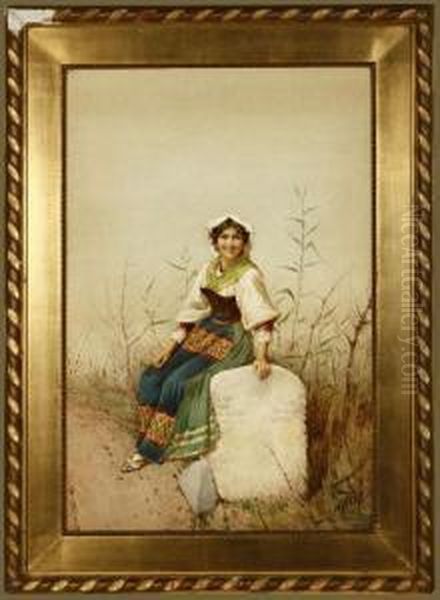 A Young Woman Sitting On A Stone Wall Oil Painting by Filippo Indoni