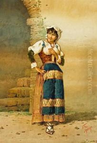 An Italian Peasant Woman Standing By A Portal Oil Painting by Filippo Indoni