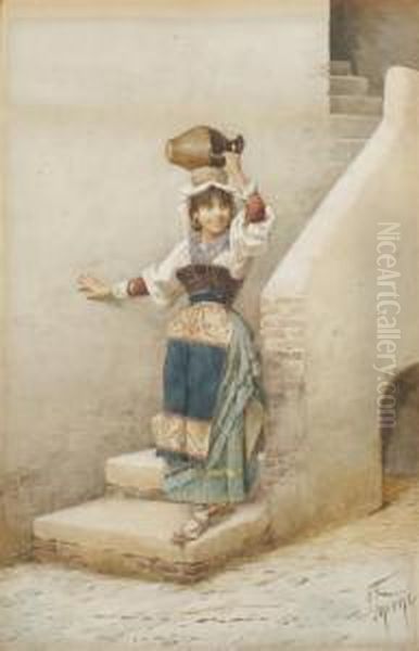 Girl Carrying Water Oil Painting by Filippo Indoni