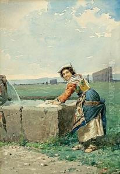 A Girl At A Well In The Roman Campagna Oil Painting by Filippo Indoni