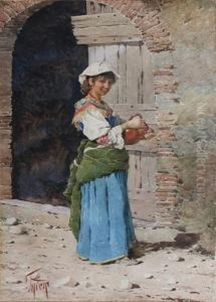 Young Girl With A Pitcher By A Doorway Oil Painting by Filippo Indoni