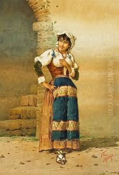 An Italian Peasant Woman Standing By A Portal; Also A Companion Watercolor (a Pair) Oil Painting by Filippo Indoni