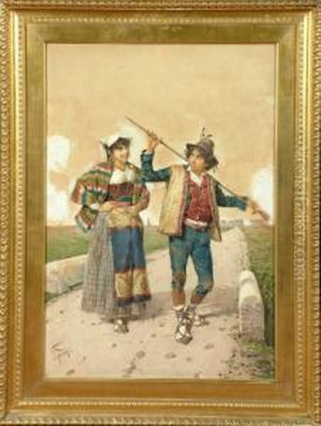 A Roadside Flirtation Oil Painting by Filippo Indoni