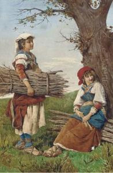 Young Faggot Gatherers In The Roman Campagna Oil Painting by Filippo Indoni