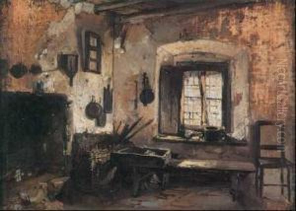 Interno Di Cucina Rustica - 1860 Circa Oil Painting by Domenico Induno