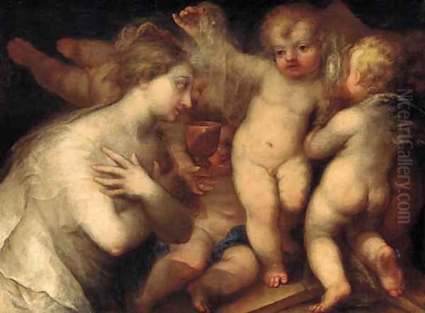 A female figure surrounded by desporting putti Oil Painting by Andrea Celesti