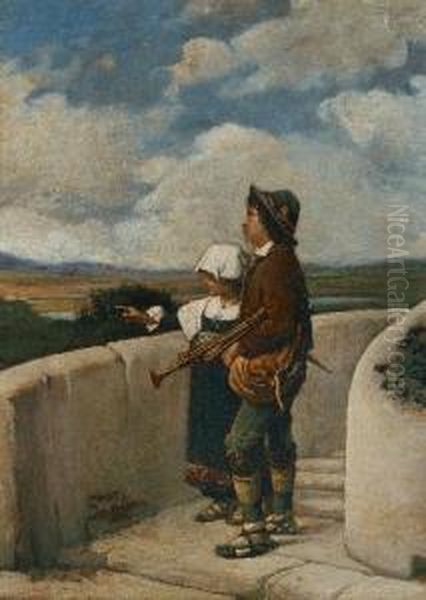 Madchen Und Bube Intracht Vor Landschaft Oil Painting by Girolamo Induno