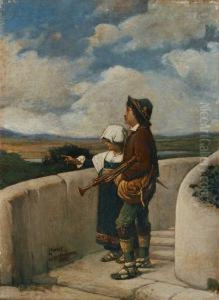 Madchen Und Bube In Tracht Vor Landschaft Oil Painting by Girolamo Induno