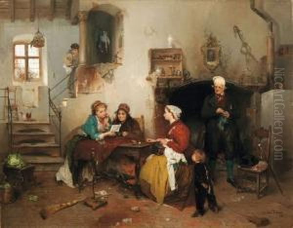 La Lettera Del Campo - 1862 Oil Painting by Girolamo Induno