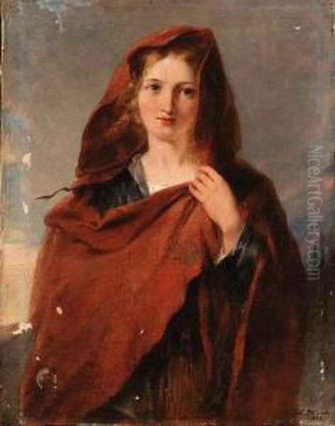 Woman In Red Shawl Oil Painting by Girolamo Induno