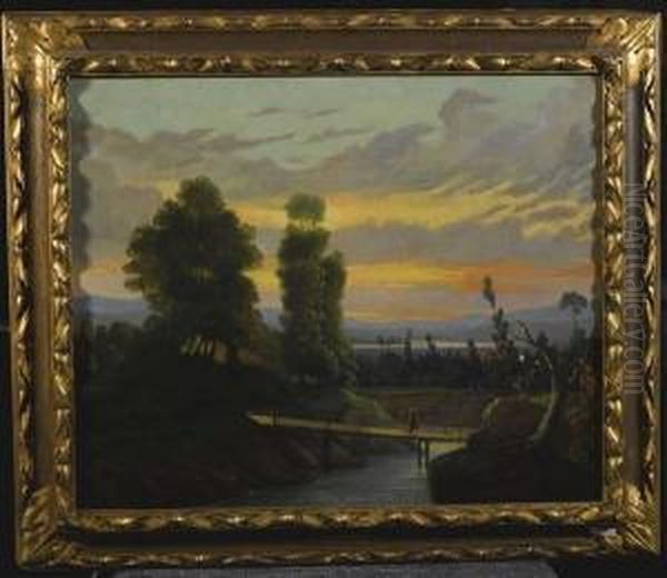 Flusslandschaft Mit Brucke. Oil Painting by Angelo Inganni