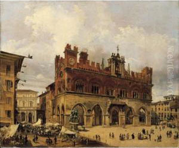 Piazza Cavalli Di Piacenza Oil Painting by Angelo Inganni