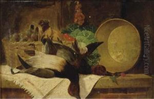 Still Life With Ducks, A Basket Of Fruit And A Pot On A Ledge Oil Painting by William Ayerst Ingram