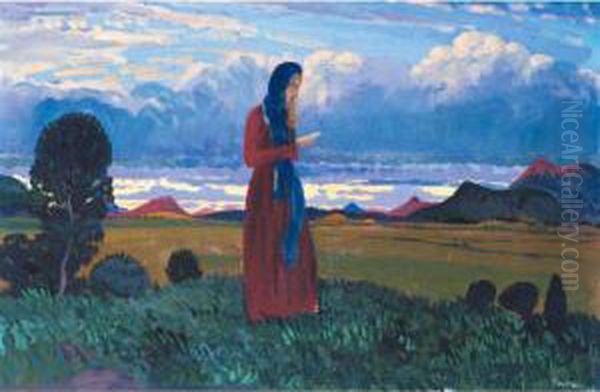 Girl Reading In A Landscape Oil Painting by James Dickson Innes