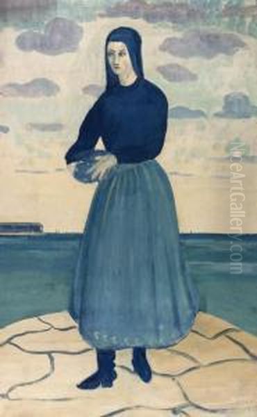 An Peasant Girl By A Jetty Oil Painting by James Dickson Innes