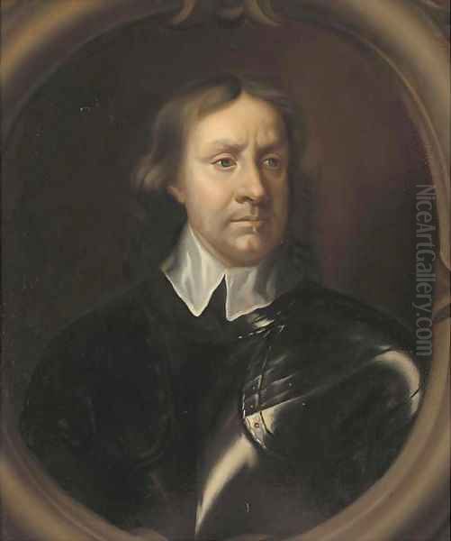 Portrait of Oliver Cromwell (1599-1658), bust-length, in breast-plate and a white collar, in a sculpted cartouche Oil Painting by Samuel Cooper