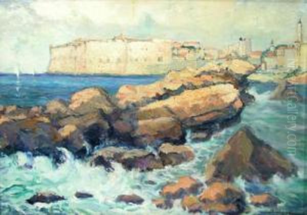 Ciy At The Sea Shore Oil Painting by Isac Ioan