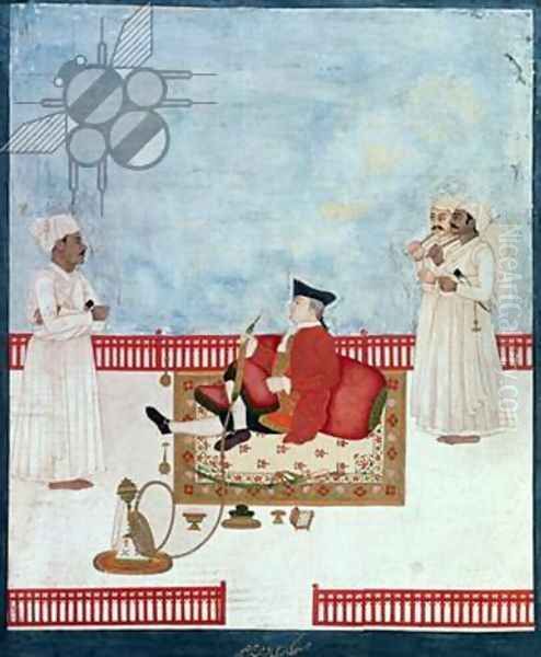 A European Seated on a Terrace with Attendants, c.1760-63 Oil Painting by Dip Chand