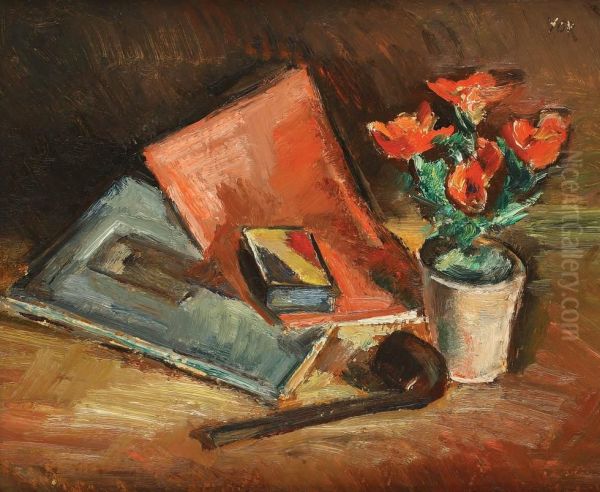 Still Life With Pipe And Notebooks Oil Painting by Petre Iorgulescu Yor