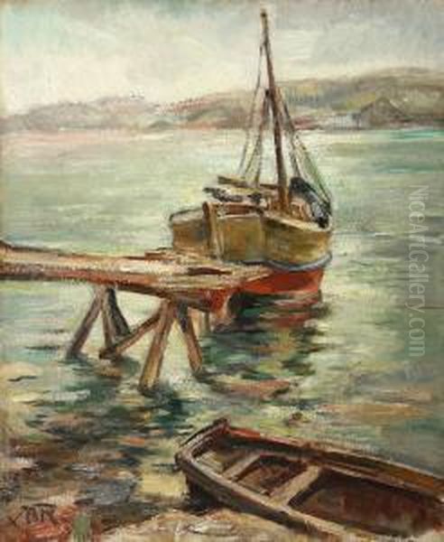 Boats In The Harbour Oil Painting by Petre Iorgulescu Yor