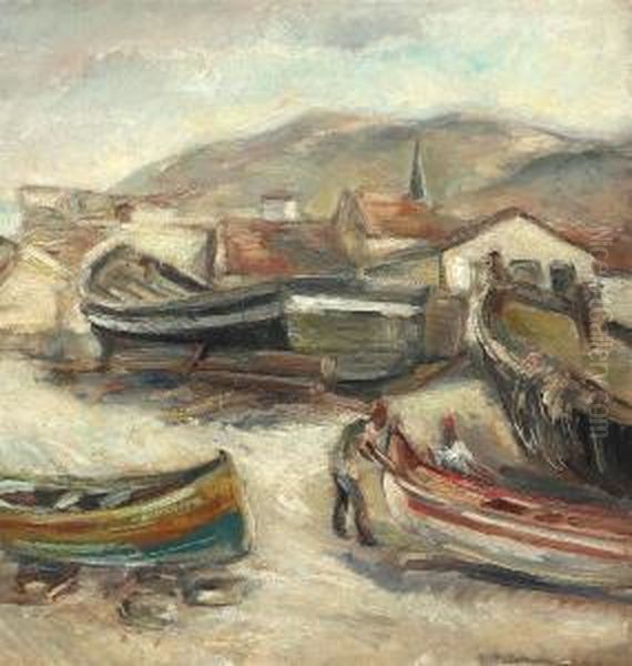 Fishermen And Boats Oil Painting by Petre Iorgulescu Yor