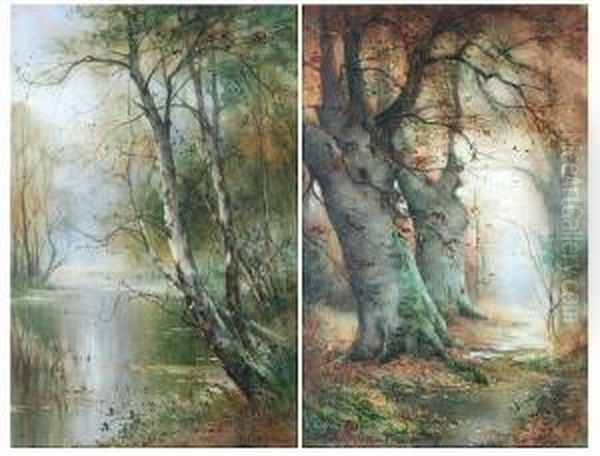 Wooded Lakeside Scenes, Probably At Burnham Beeches, A Pair Oil Painting by Thomas Tayler Ireland